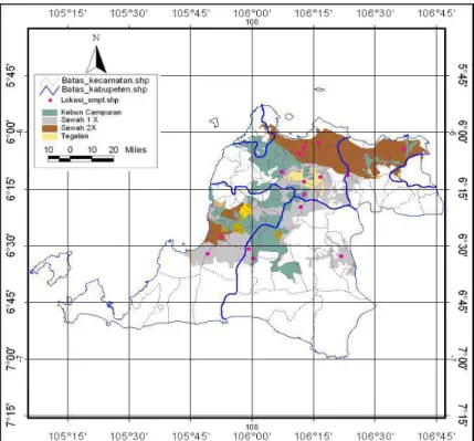 Gambar 1. Lokasi pengambilan sampel tanah dan empat tipe penggunaan lahan untuk tanaman  pangan di Provinsi Banten