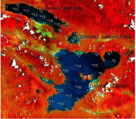 Gambar 5. Citra Satelit Landsat-TM RGB 421 Danau Matano, Danau Mahalano dan  Danau Towuti, Aquisisi Tanggal 17 Oktober 1997 dan lokasi titik-titik pengamatan