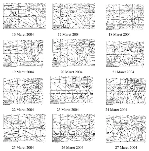 Gambar 3.   Kontur arah dan kecepatan angin tanggal 16-27 Maret 2004 (http://www.bom.gov.au)  Siklon Fay 