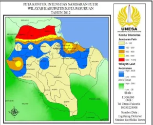 Gambar 3 Peta Kontur Intensitas Sambaran Petir  Wliayah Kota/Kabupaten Pasuruan Tahun 2012 