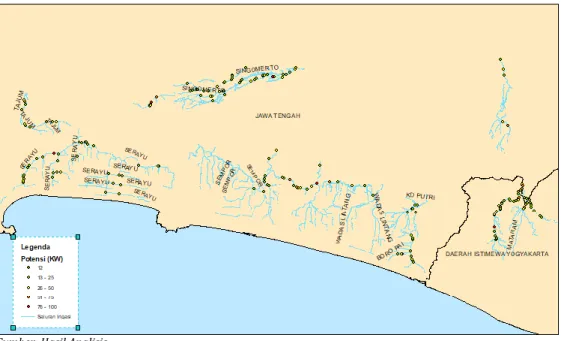 Gambar 11 Peta Potensi Energi Mikrohidro di Saluran Irigasi Wilayah Sungai Serayu Opak  Tabel 5 Potensi Mikrohidro di Daerah Irigasi, Wilayah Sungai Serayu Opak 
