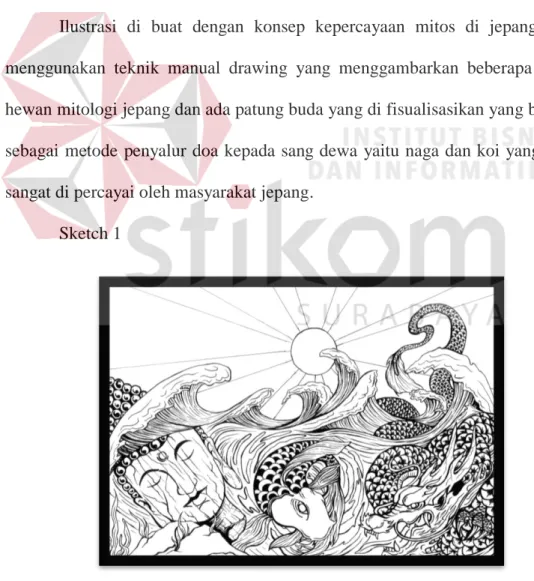 Ilustrasi  di  buat  dengan  konsep  kepercayaan  mitos  di  jepang  dengan  menggunakan  teknik  manual  drawing  yang  menggambarkan  beberapa  kerakter  hewan mitologi jepang dan ada patung buda yang di fisualisasikan yang bermakna  sebagai metode  peny