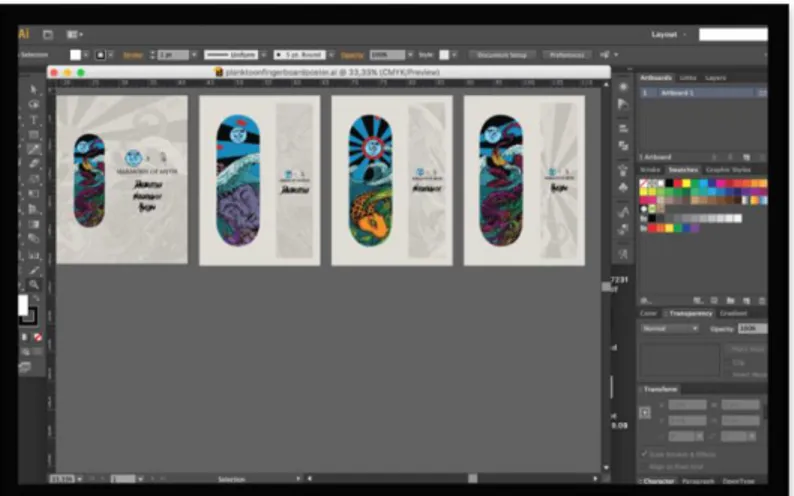 Gambar 4.7 Proses digital layout poster yang menampilkan per satuan ilustrasi  deck  produk fingerboard planktoon garage store 