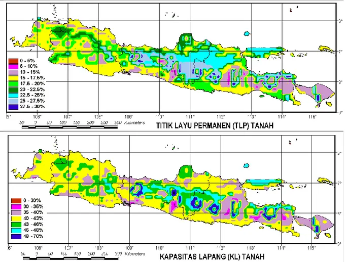 Gambar 2-1: Sebaran Spasial Titik Layu Permanen (TLP) dan Kapasitas Lapang (KL) di  Pulau Jawa - Bali (Sumber IGBP, FAO) 