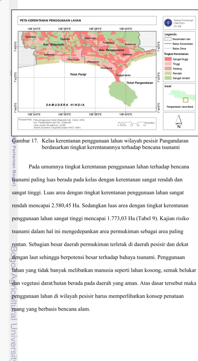 Gambar 17.   Kelas kerentanan penggunaan lahan wilayah pesisir Pangandaran  berdasarkan tingkat kerentanannya terhadap bencana tsunami 