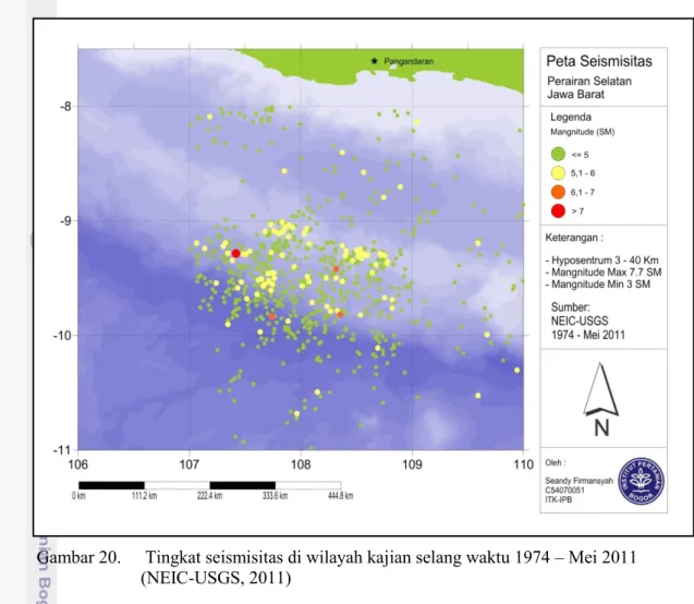 Gambar 20.   Tingkat seismisitas di wilayah kajian selang waktu 1974  – Mei 2011  (NEIC-USGS, 2011) 