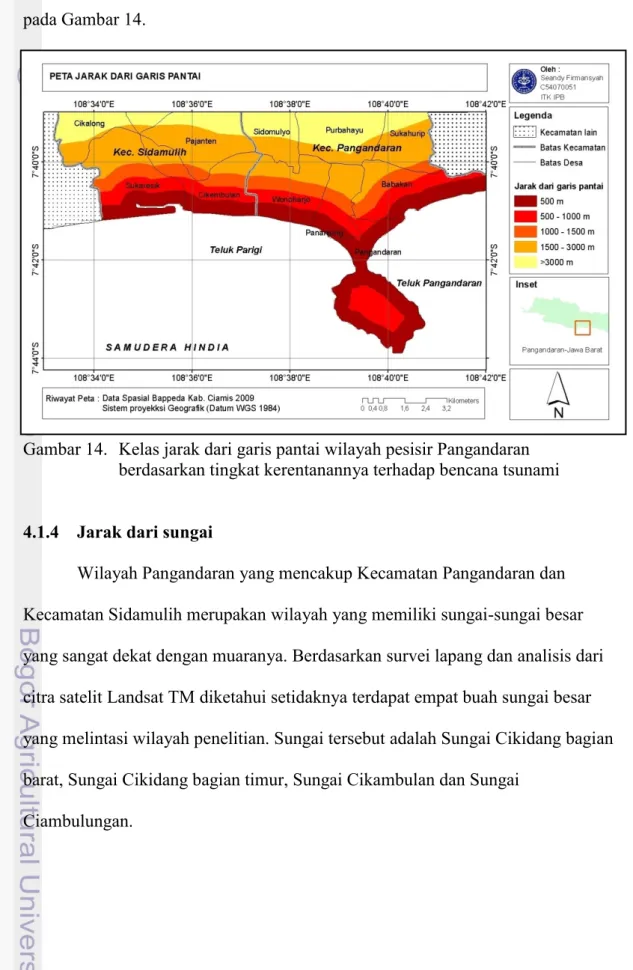 Gambar 14.  Kelas jarak dari garis pantai wilayah pesisir Pangandaran  berdasarkan tingkat kerentanannya terhadap bencana tsunami 
