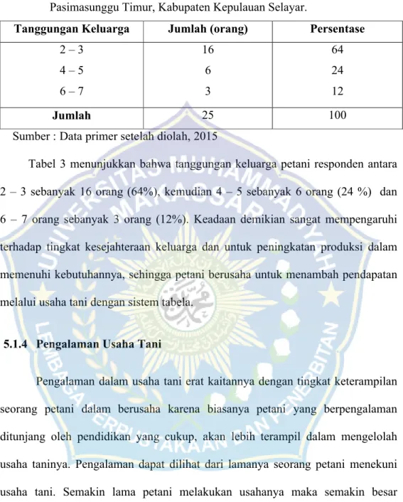 Tabel  3  Jumlah  Tanggungan  Keluarga  Petani  Desa  Ujung,  Kecamatan    Pasimasunggu Timur, Kabupaten Kepulauan Selayar.