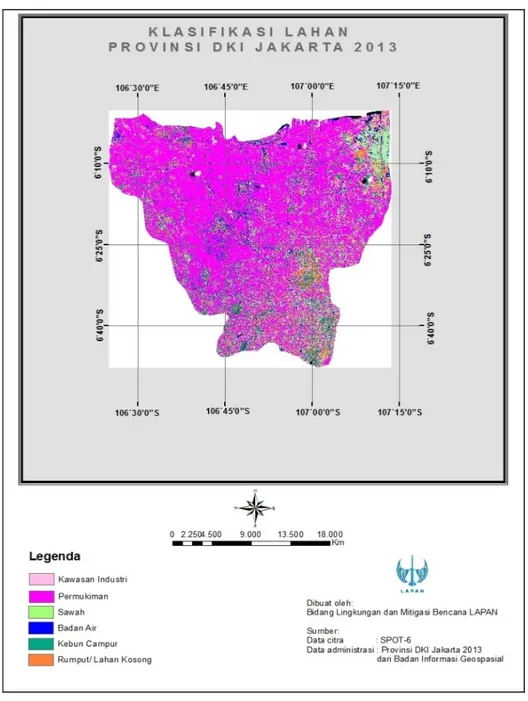 Gambar 4.1.  Klasifikasi Penutup/Penggunaan Lahan yang Diekstraksi dari Data SPOT 6  Dari  hasil  ekstraksi  informasi  penutup/penggunaan  lahan,  luas  wilayah  permukiman  adalah  yang  paling  dominan  di  wilayah  DKI  Jakarta