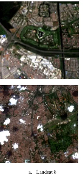 Gambar 4.2. Perbandingan tingkat kedetilan antara data Landsat 8 ( a ) dan SPOT 6 ( b ) pada  dua lokasi yang berbeda 