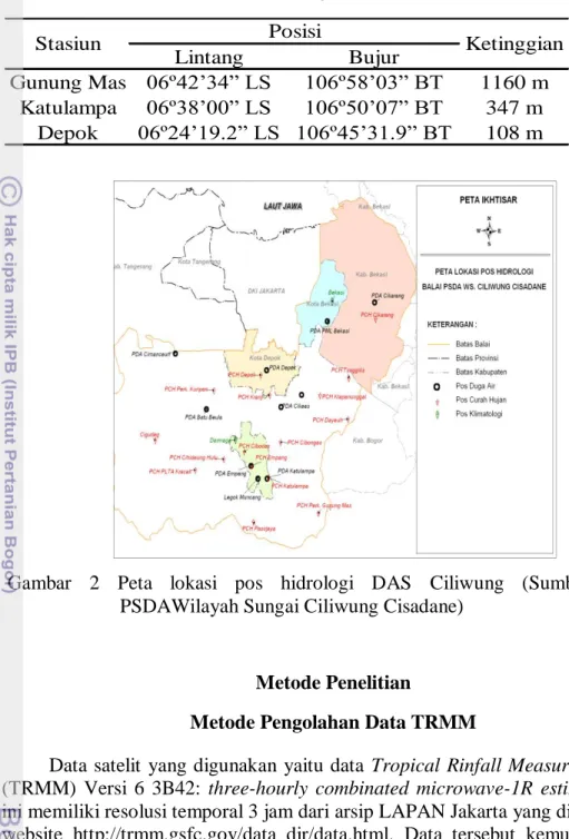 Gambar  2  Peta  lokasi  pos  hidrologi  DAS  Ciliwung  (Sumber:  Balai  PSDAWilayah Sungai Ciliwung Cisadane) 