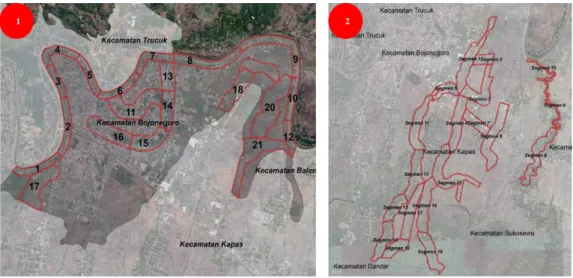 Gambar 4. Deliniasi Pembagian Segmentasi Sungai Kecamatan Bojonegoro (1) dan   Kecamatan Kapas (2)  