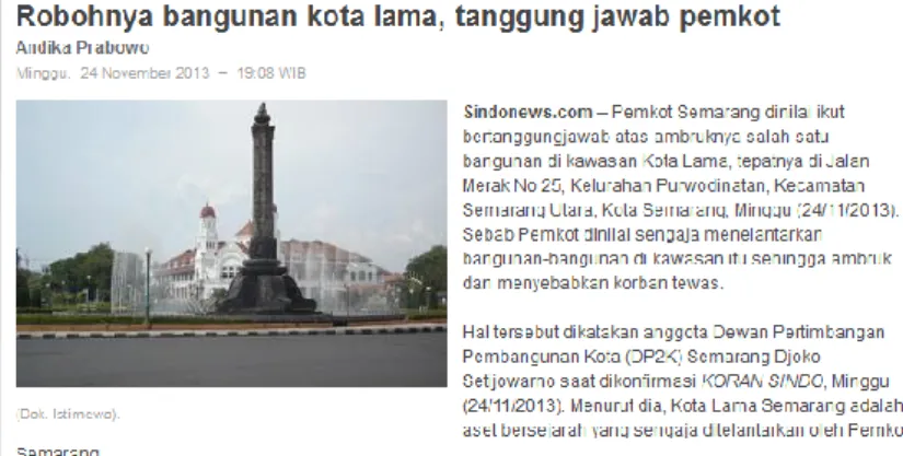 Gambar 1.1 Berita tentang salah satu permasalahan kawasan Kota Lama Semarang  Sumber: 