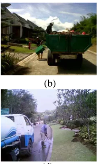 Gambar 8. Kegiatan Pembersihan: (a). Penyapuan Cluster;(b). Pengangkutan  sampah;(c). Pembersihan saluran;(d)