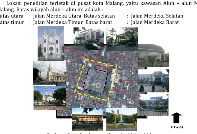 Gambar 1 : Peta udara  kawasan Alun – alun Medeka Malang  Sumber : Google Earth 2012 dan foto – foto survei awal  