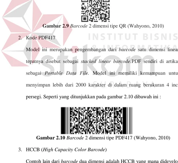Gambar 2.9 Barcode 2 dimensi tipe QR (Wahyono, 2010)  2.  Kode PDF417 
