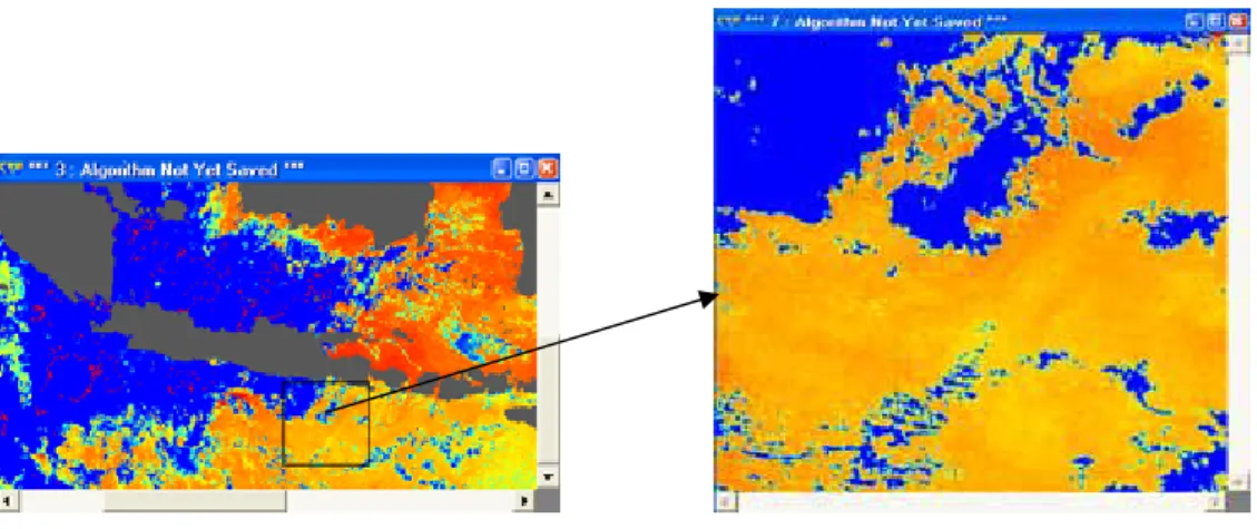 Gambar 3.6 (a) Citra NOAA untuk Tampakan SPL 7 Juni 2006 08:37  dan (b) Setelah Reclass 