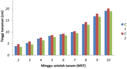 Gambar 4. Histogram tinggi tanaman pada berbagai sumber bud chips umur 2-10 MST. 