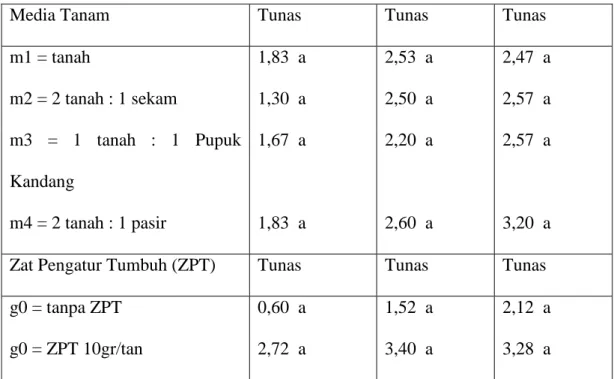 Tabel  3.  Jumlah  Daun  per  Bibit  Tanaman  Jarak  Pagar  akibat  Zat  Pengatur  Tumbuh  (ZPT)  pada  Berbagai  Media  Tanam  umur  14,  28,  42,  56  Hari  Setelah  Tanam (HST) 