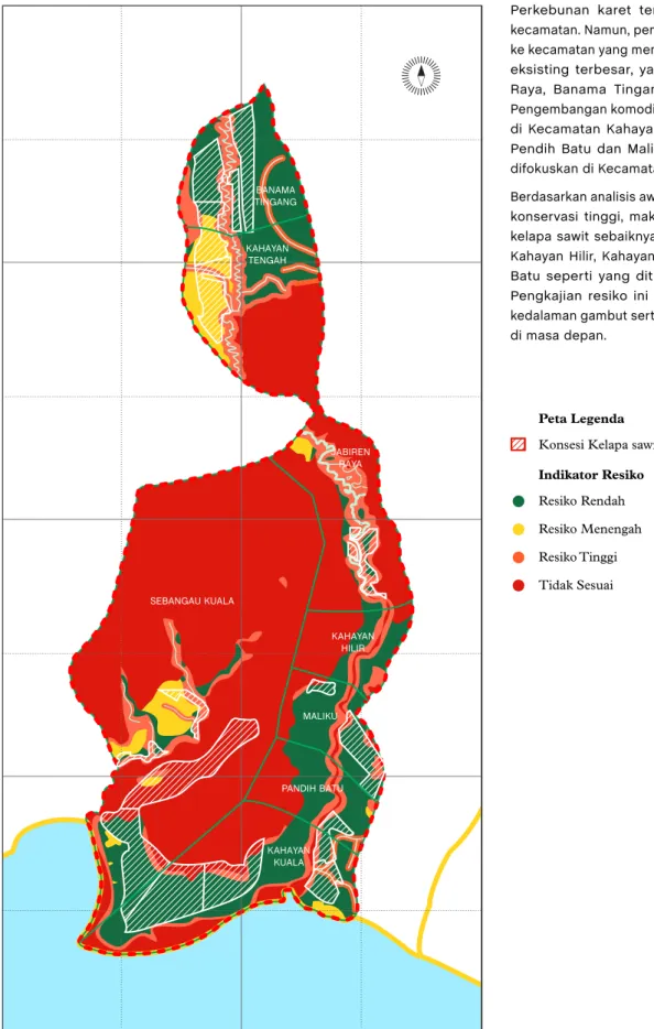 Gambar 9 —  Peta indikator resiko kawasan bernilai konservasi tinggi dan  sebaran konsesi kepala sawit di Kabupaten Pulang Pisau