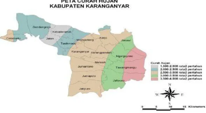 Gambar 3 . 2 Peta Curah Hujan Kabupaten Karangnyar Sumber : http://www.karanganyarkab.go.id/20110119/kabupaten-karanganyar/ 