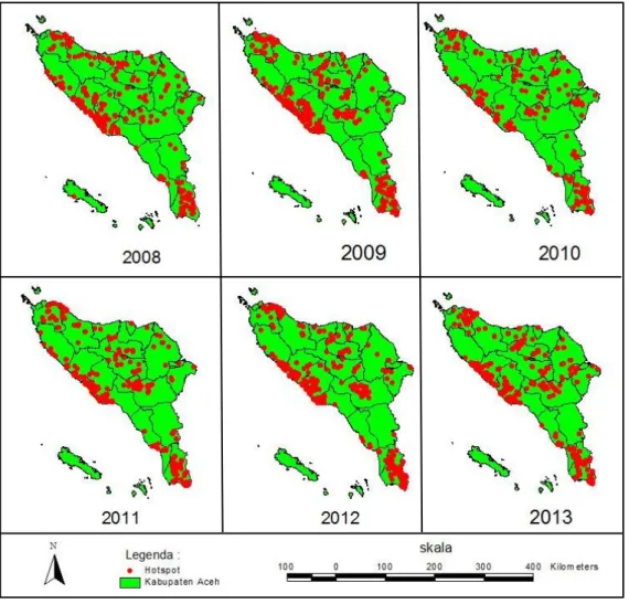 Gambar 2 Pola sebaran hotspot di Provinsi Aceh tahun 2008–2013 