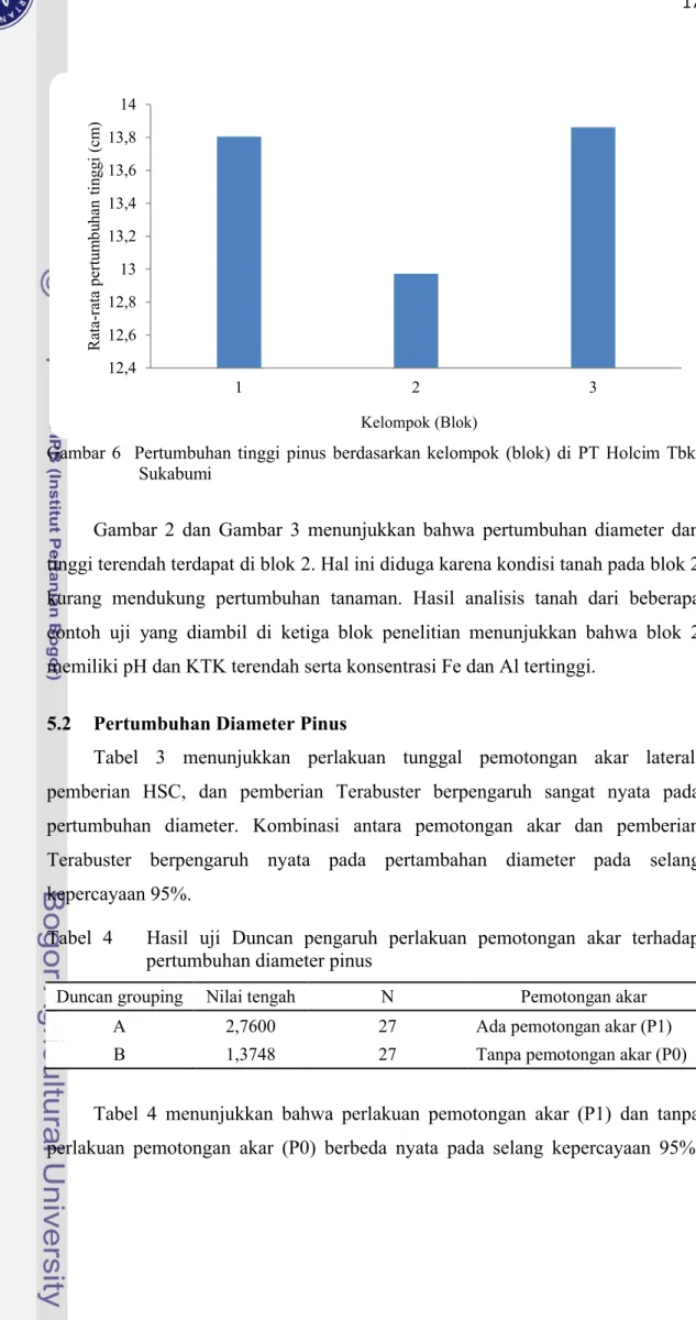 Gambar 6    Pertumbuhan tinggi  pinus  berdasarkan kelompok  (blok)  di  PT  Holcim Tbk,  Sukabumi