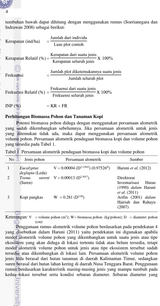Tabel 1  Persamaan alometrik pendugaan biomassa kopi dan volume pohon 