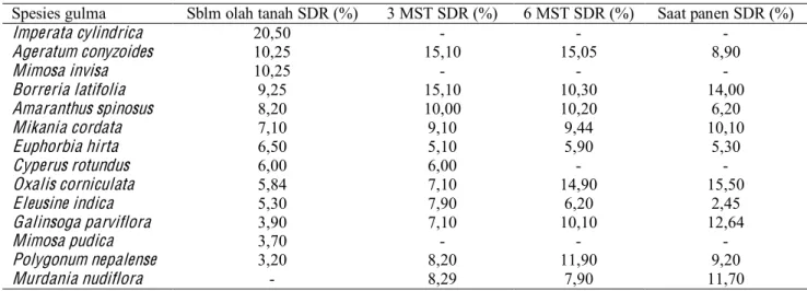 Tabel 10.  Komposisi spesies gulma (SDR) pada lahan pertanaman jagung manis sebelum pengolahan tanah, 3 dan 6  minggu setelah tanam serta saat panen dengan mulsa alang-alang dan jarak tanam 120 × 25 cm 