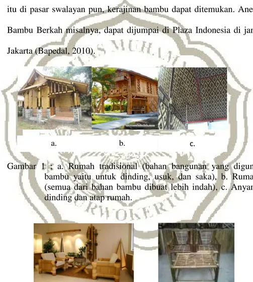 Gambar  1  ;  a.  Rumah  tradisional  (bahan  bangunan  yang  digunakan  dari  bambu  yaitu  untuk  dinding,  usuk,  dan  saka),  b