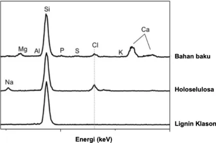 Gambar 1. Perbandingan relatif spektrum sinar-X dispersif energi  pada abu bahan baku jerami padi, fraksi holoselulosa dan lignin  hasil analisis yang ditentukan oleh analisis EDX (Saka dan Mimori,  1994).