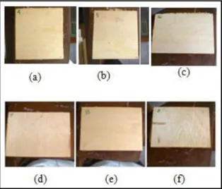 Gambar 1. Kayu lapis dengan jumlah lapisan  iratan bambu (a) 4 lapis, (b) 5 lapis, (c) 6 lapis, 