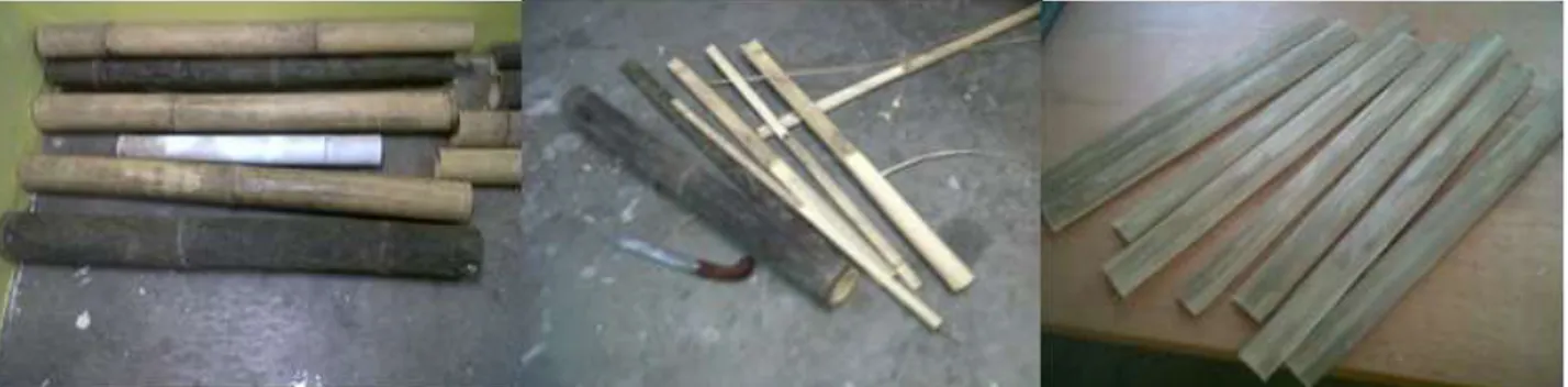 Gambar  3.1-1 : Batang bamboo hitam dan andong sebelum diolah dan proses pembentukan batang  bamboo menjadi pilah-pilah bamboo 