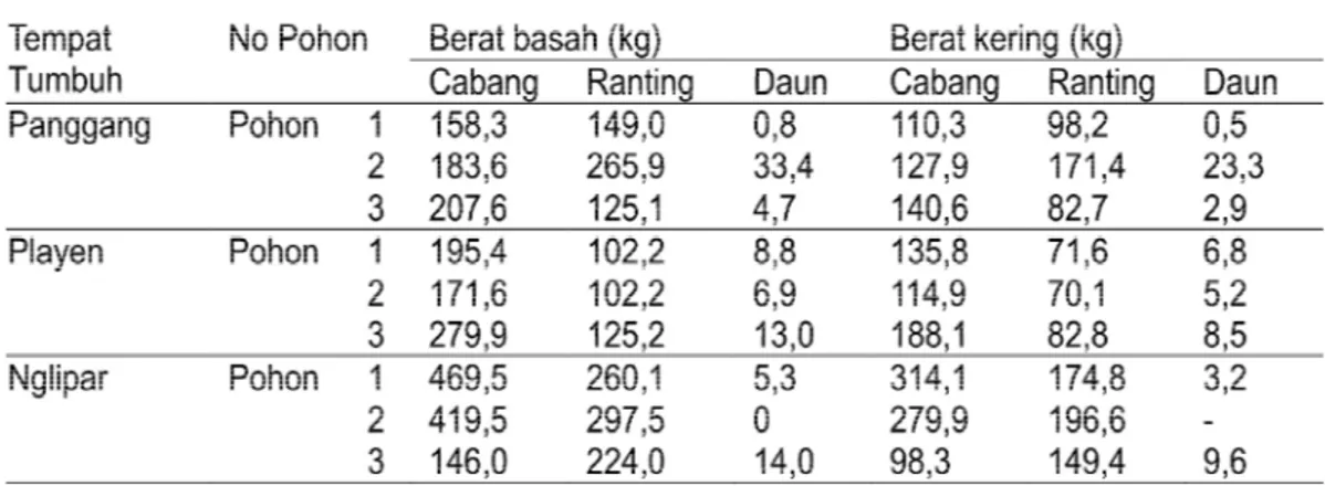 Tabel 5 menunjukan variasi yang lebar pada berat basah dan berat kering disebabkan perbedaan tempat tumbuh maupun komponen pohon