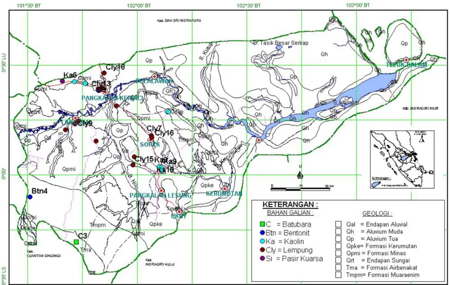 Gambar 2. Peta Sebaran Lokasi Bahan Galian Non Logam di daerah Kabupaten Pelalawan, Provinsi Riau