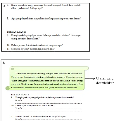 Gambar 4.2. Pertanyaan dalam LKS (a) sebelum revisi (b) sesudah revisi; uraian 