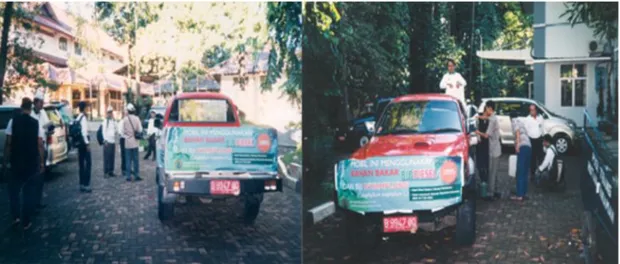 Gambar 5.  Uji coba kedua Bogor-Cibinong menggunakan Jeep Daihatsu dan   Daihatsu Strada berbahan baker biodiesel nyamplung 100% (B-100) 