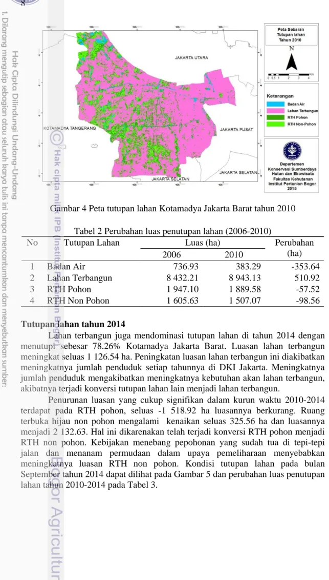 Gambar 4 Peta tutupan lahan Kotamadya Jakarta Barat tahun 2010  Tabel 2 Perubahan luas penutupan lahan (2006-2010) 