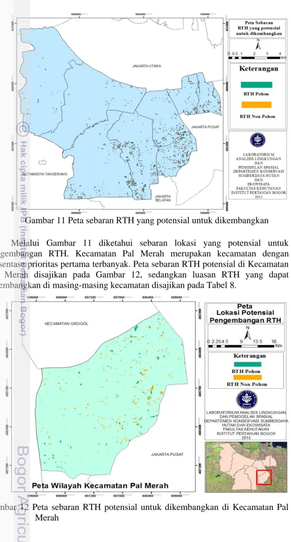 Gambar 11 Peta sebaran RTH yang potensial untuk dikembangkan  Melalui  Gambar  11  diketahui  sebaran  lokasi  yang  potensial  untuk  pengembangan  RTH