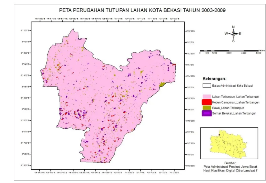 Gambar 7  Peta perubahan tutupan lahan Kota Bekasi tahun 2003-2009 1 5