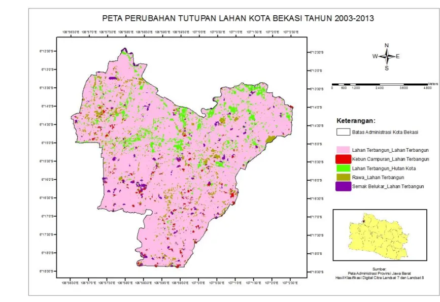 Gambar 8  Peta perubahan tutupan lahan Kota Bekasi tahun 2003-2013