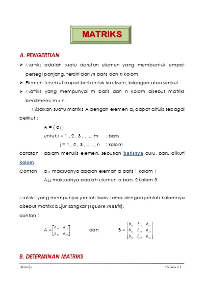 A. PENGERTIAN B. DETERMINAN MATRIKS