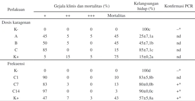 Tabel 1. Pengamatan gejala klinis dan mortalitas (10 dpi), serta kelangsungan hidup udang vaname Litopenaeus  vannamei dan konfirmasi infectious myonecrosis virus IMNV dengan PCR (14 dpi) setelah diinfeksi dengan IMNV
