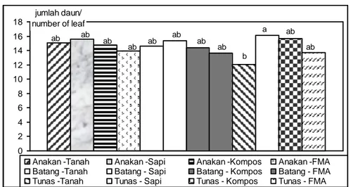 Tabel 2. Pengaruh jenis setek terhadap pertambahan jumlah daun (BST)  Table 2. Effect of kinds of cuttings to the increment of leaf number (MAP) 