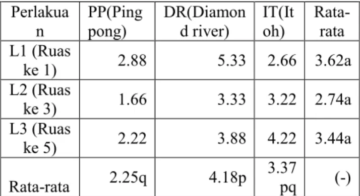 Tabel 4. Rerata jumlah ruas tunas  Perlakua n  PP(Pingpong)  DR(Diamond river)  IT(Itoh)  Rata-rata  L1 (Ruas  ke 1)  2.88  5.33  2.66  3.62a  L2 (Ruas  ke 3)  1.66  3.33  3.22  2.74a  L3 (Ruas  ke 5)  2.22  3.88  4.22  3.44a  Rata-rata  2.25q  4.18p  3.37