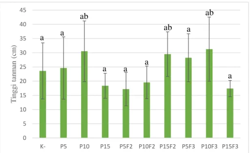 Gambar 4.10  Perbedaan  dengan  perlakuan  kombinasi  variasi  dosis  dan  frekuensi  pemberian  terhadap  tinggi  tanaman  terong hijau pada minggu ke-10