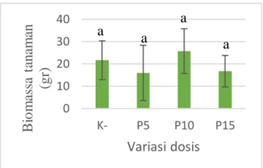 Gambar  4.4  Perbedaan  dengan  perlakuan  variasi  dosis  terhadap  biomassa tanaman terong hijau pada  minggu ke-14 