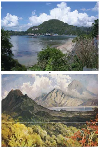 Gambar 15.(a) Pemandangan asli di pelabuhan Jayapura,(Foto:Agung Suryahadi,2007, (b) hasil rekaman pelukis tentang keindahan alam (Sumber: Koleksi Presiden Soekarno II)