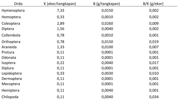 Tabel 2.   Rata‐rata Kepadatan (K), Biomasa (B) dan Estimasi berat per individu (B/K) setiap ordo  makrofauna yang aktif di permukaan tanah pada kondisi sebelum perlakuan 