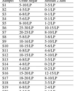 Tabel  1.  Karakteristik  dan  Hasil  Pemeriksaan  Sedimen  Urine  Leukosit  Urine Segar dan Urine Setelah 2 Jam  Nomor  Sampel  Leukosit  Urine Segar  Leukosit  Urine Setelah 2 Jam  S1  5-10/LP  3-5/LP  S2  4-5/LP  0-1/LP  S3  6-8/LP  0-1/LP  S4  5-6/LP  